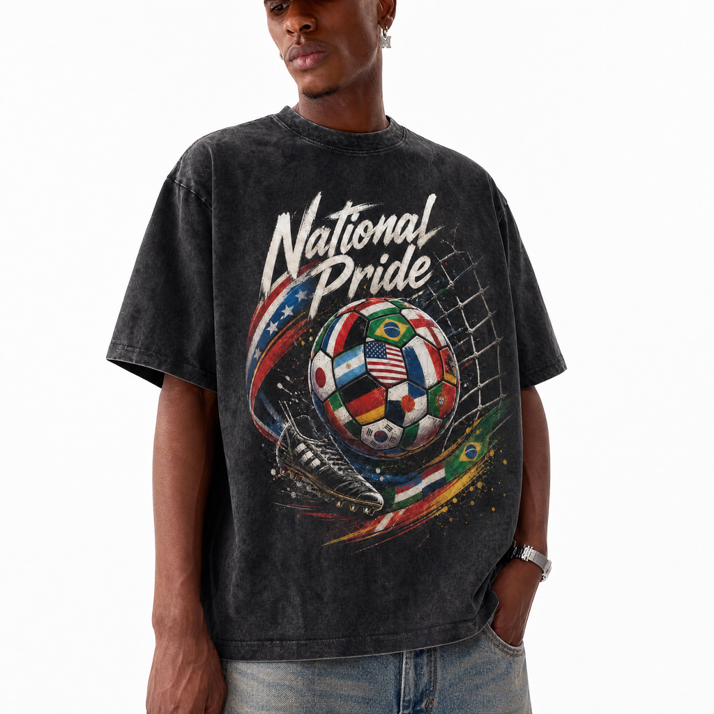 Vintage World Cup “National Pride” Soccer Graphic Tee | International Flags Washed Oversized Streetwear T-Shirt