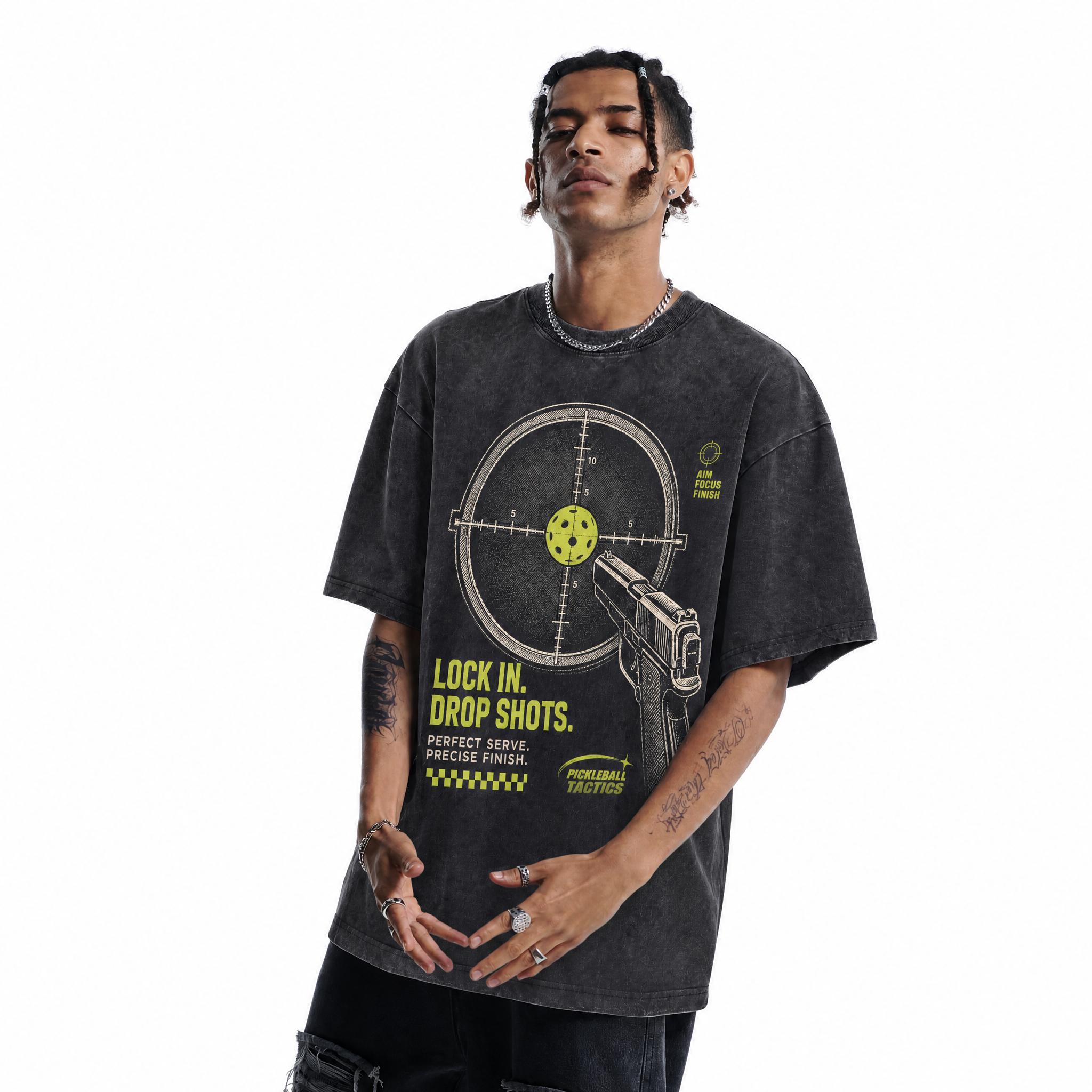 Lock In Drop Shots Pickleball Washed Black Oversized T-Shirt | Tactical Court Tee