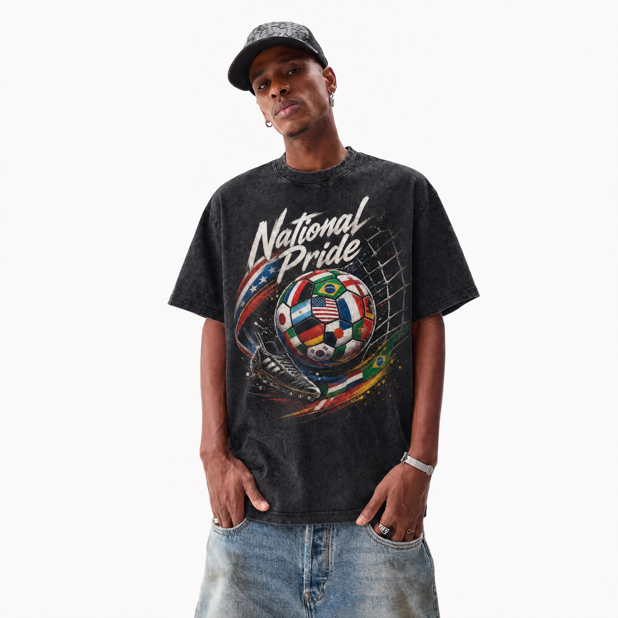 Vintage World Cup “National Pride” Soccer Graphic Tee | International Flags Washed Oversized Streetwear T-Shirt