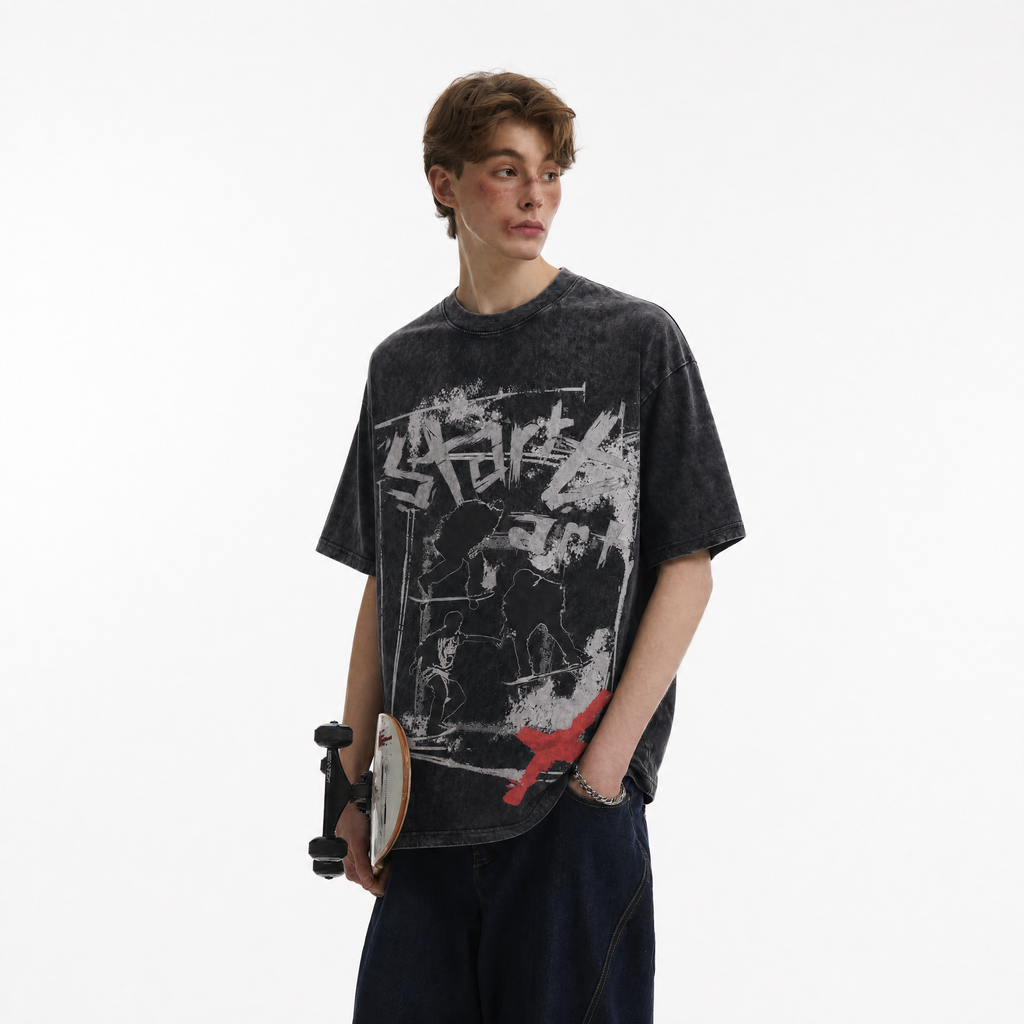 Start Again Skateboard Silhouette Washed Black Oversized T-Shirt | Streetwear Grunge Tee