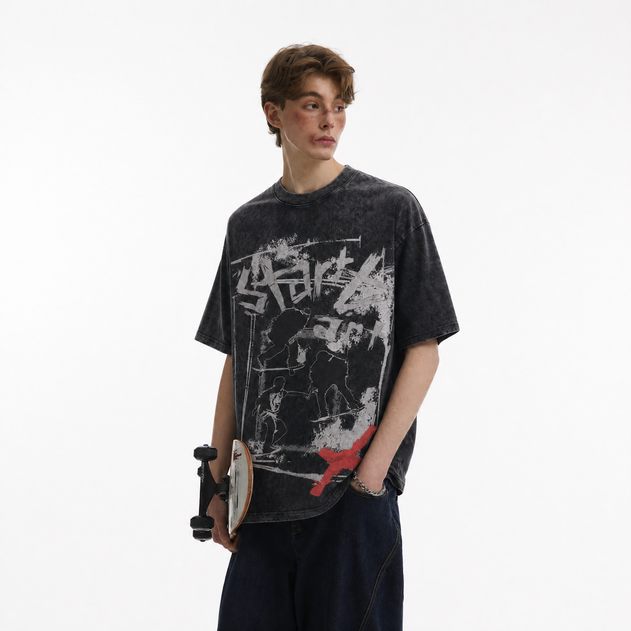 Start Again Skateboard Silhouette Washed Black Oversized T-Shirt | Streetwear Grunge Tee