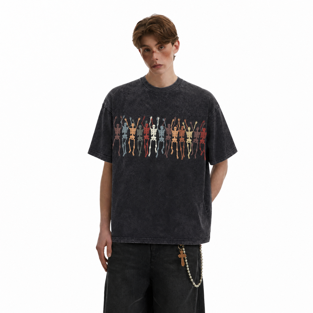 Retro Rainbow Dancing Skeletons Washed Black Oversized T-Shirt | Grunge Festival Tee