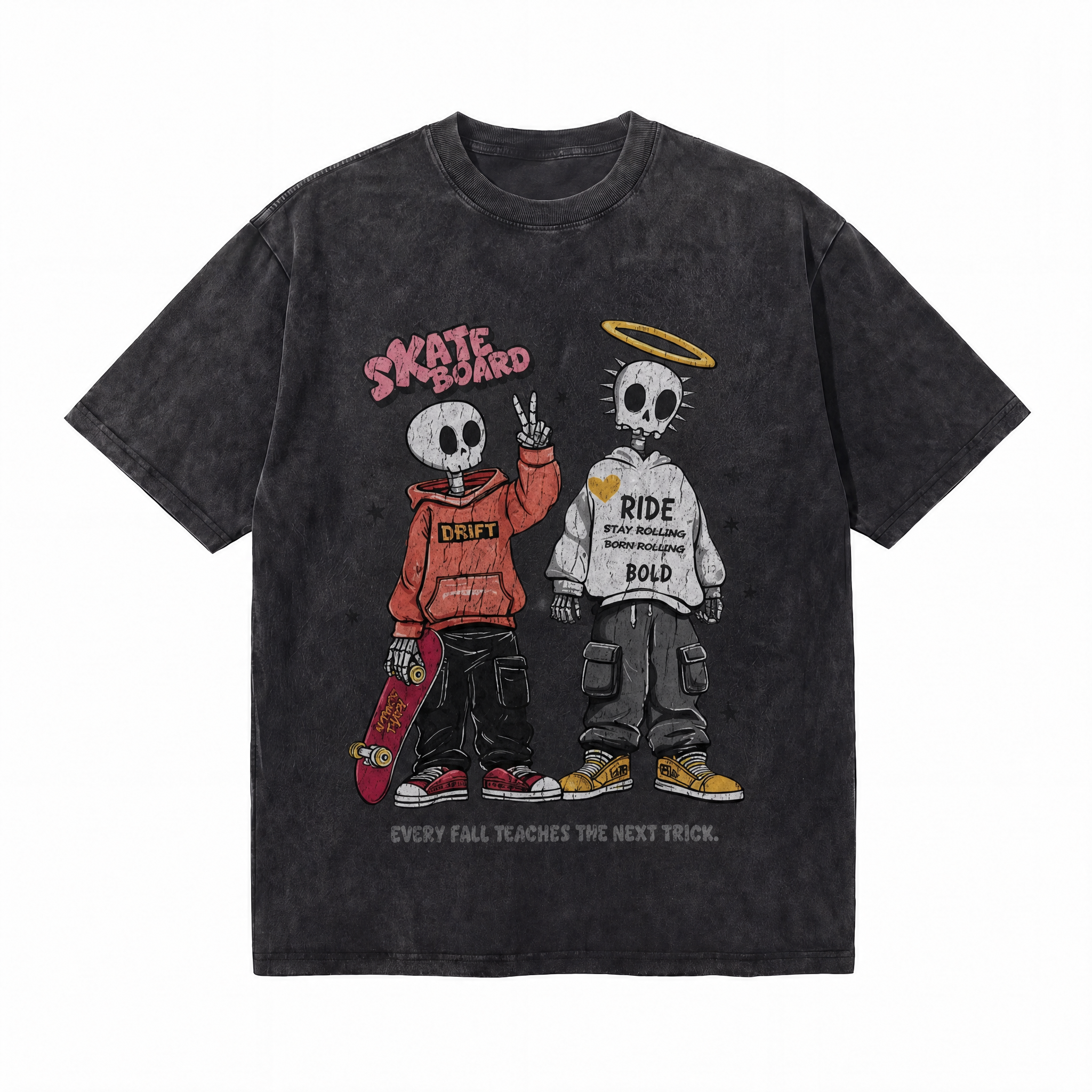 Skeleton Skateboard Duo Washed Black Oversized T-Shirt | Streetwear Skate Grunge Tee