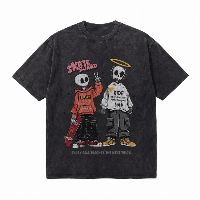 Skeleton Skateboard Duo Washed Black Oversized T-Shirt | Streetwear Skate Grunge Tee Hover Image