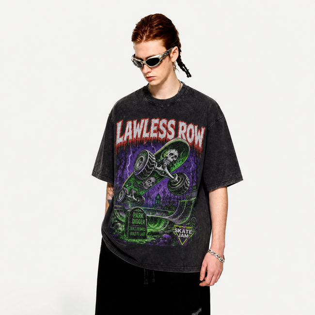 Lawless Row “Skate Jam” Graveyard Skate Washed T-Shirt | Retro Horror Oversized Streetwear Tee Main Image