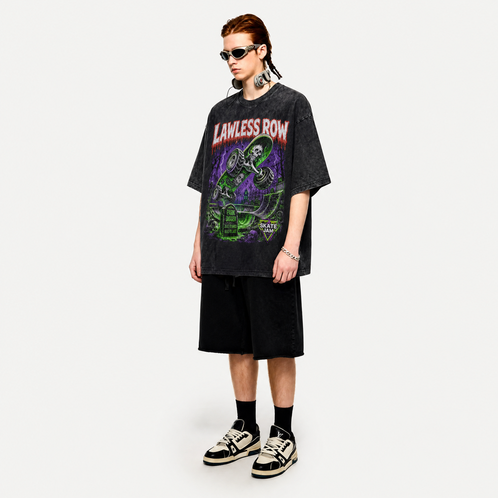 Lawless Row “Skate Jam” Graveyard Skate Washed T-Shirt | Retro Horror Oversized Streetwear Tee