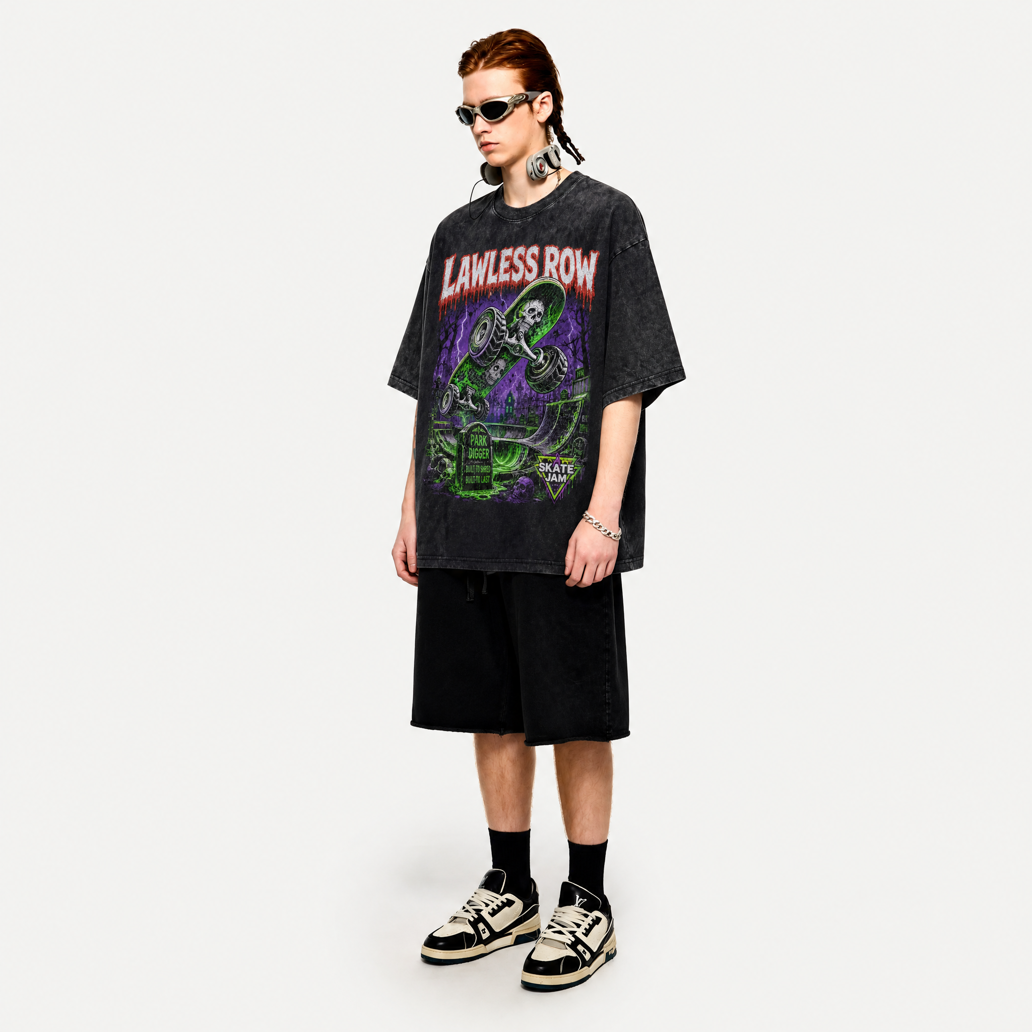 Lawless Row “Skate Jam” Graveyard Skate Washed T-Shirt | Retro Horror Oversized Streetwear Tee