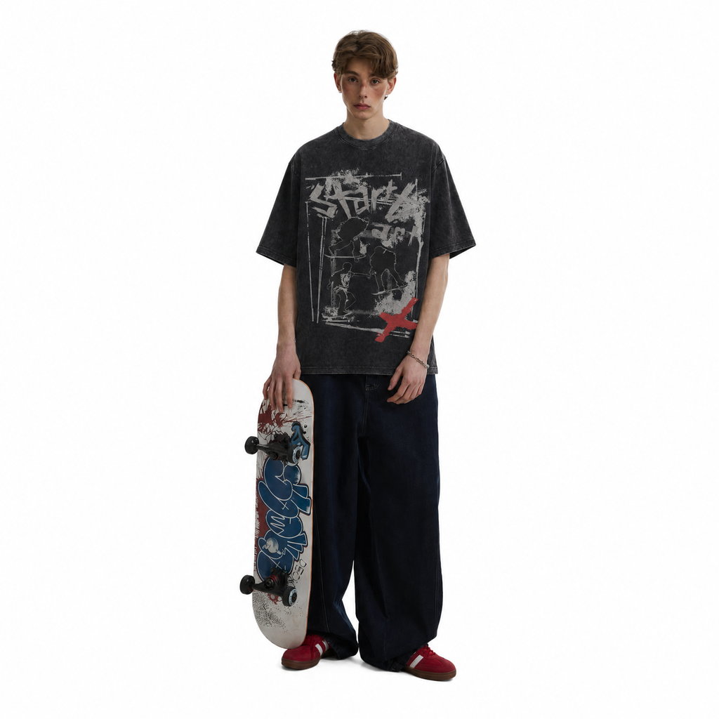 Start Again Skateboard Silhouette Washed Black Oversized T-Shirt | Streetwear Grunge Tee