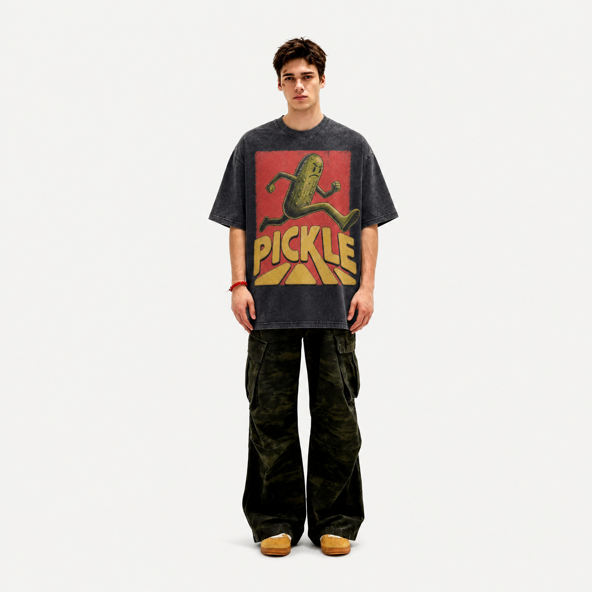 Retro Running Pickle Washed Black Oversized T-Shirt | Funny Pickleball Fan Tee