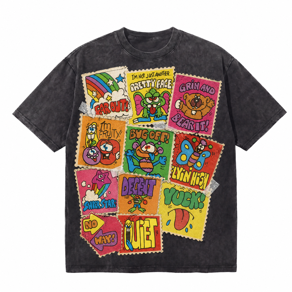 Retro Cartoon Stamp Collage Washed Black Oversized T-Shirt | 70s Groovy Streetwear Tee