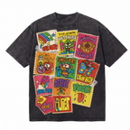 Retro Cartoon Stamp Collage Washed Black Oversized T-Shirt | 70s Groovy Streetwear Tee