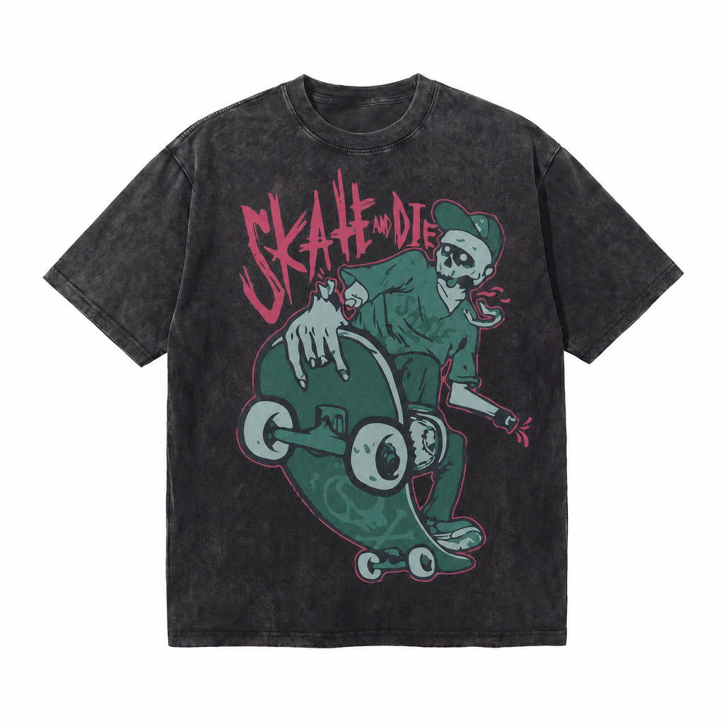 Vintage “Skate and Die” Skeleton Skater Graphic Tee | Punk Grunge Washed Oversized Streetwear T-Shirt