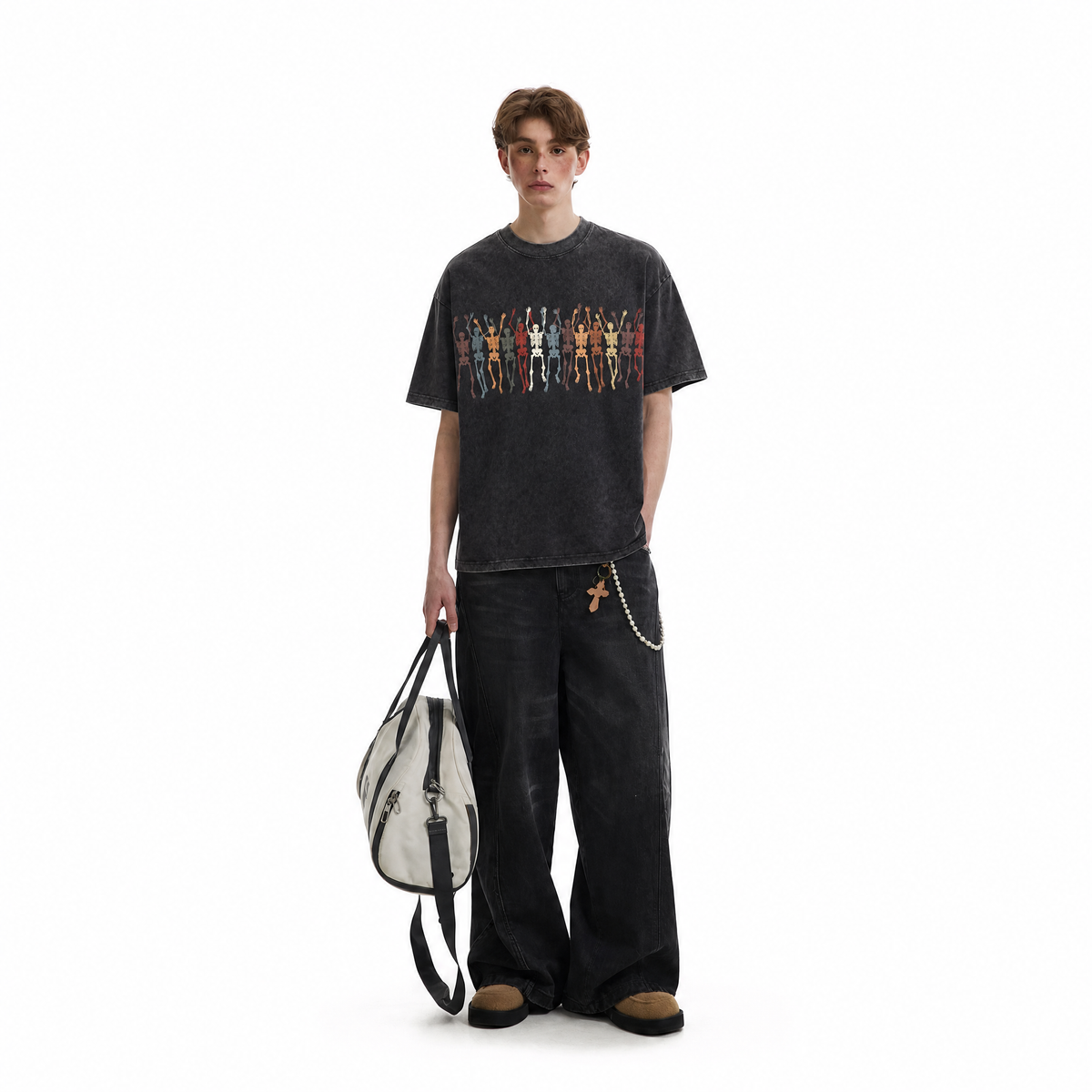LAWLESSROW Retro Rainbow Dancing Skeletons Washed Black Oversized T-Shirt
