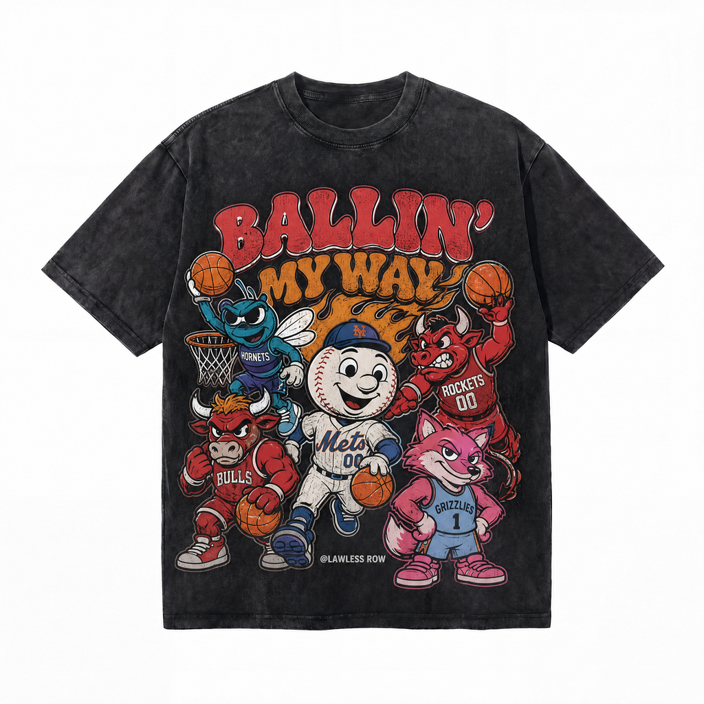 Ballin' My Way Mascot Collage Washed Black Oversized T-Shirt | Retro Sports Streetwear Tee