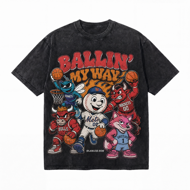 Ballin' My Way Mascot Collage Washed Black Oversized T-Shirt | Retro Sports Streetwear Tee Hover Image