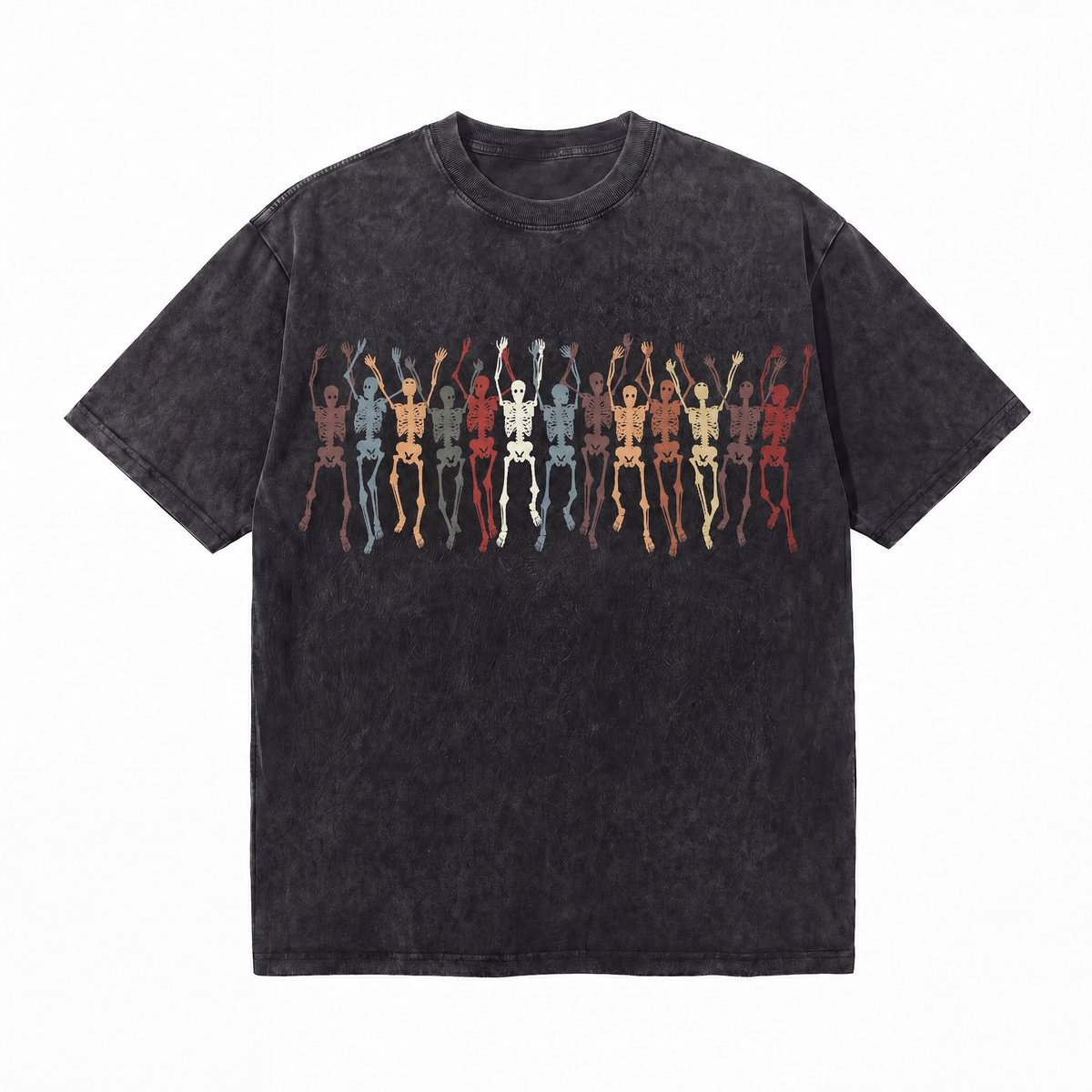 LAWLESSROW Retro Rainbow Dancing Skeletons Washed Black Oversized T-Shirt