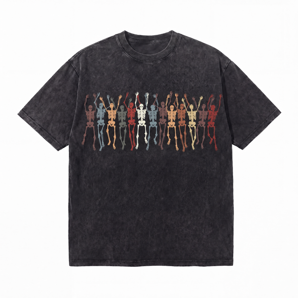 LAWLESSROW Retro Rainbow Dancing Skeletons Washed Black Oversized T-Shirt