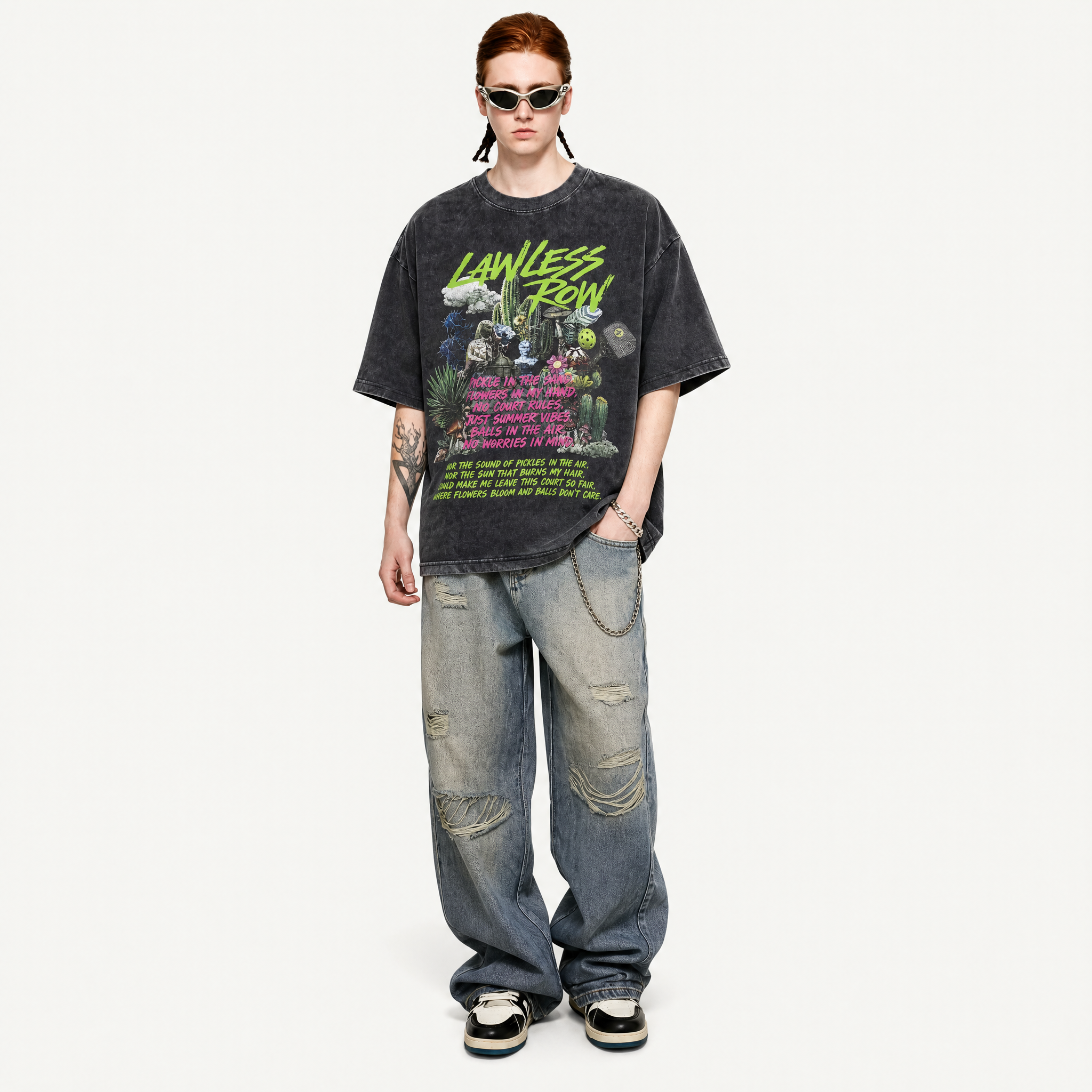 Pickleball Summer Vibes Collage Washed T-Shirt | Desert Court “No Rules” Oversized Tee