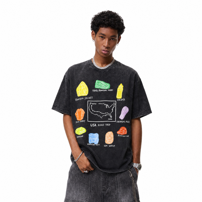USA Road Trip Hiking Gear Washed Black Oversized T-Shirt | Outdoor Adventure Checklist Tee Main Image