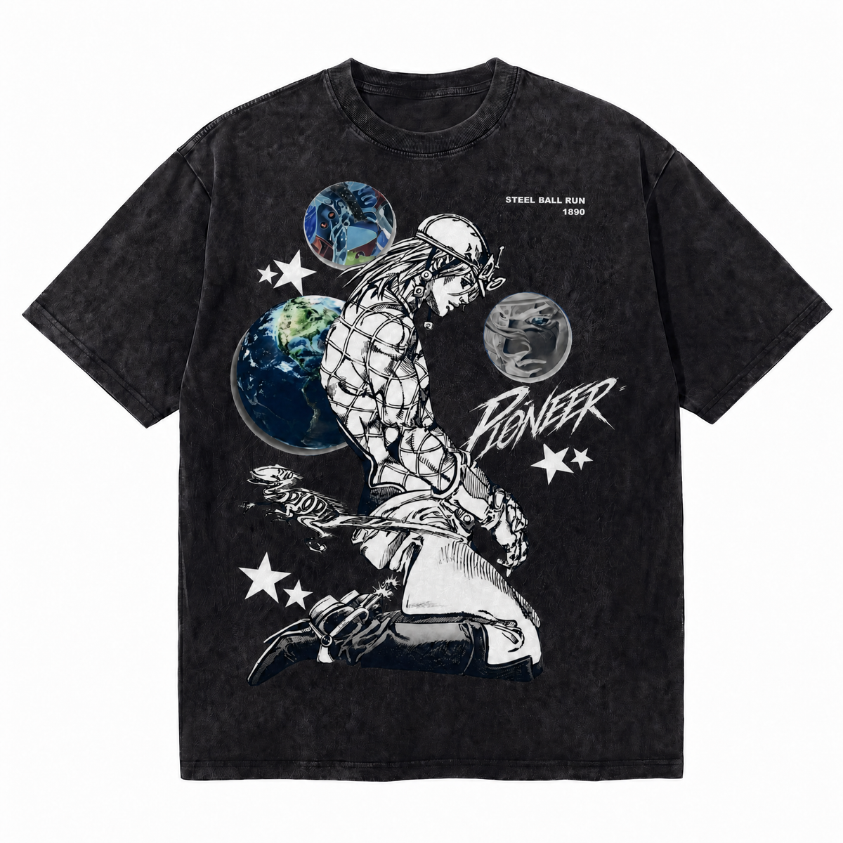 LAWLESSROW Steel Ball Run Johnny Joestar Washed Black Oversized T-Shirt