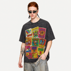 Retro Cartoon Stamp Collage Washed Black Oversized T-Shirt | 70s Groovy Streetwear Tee