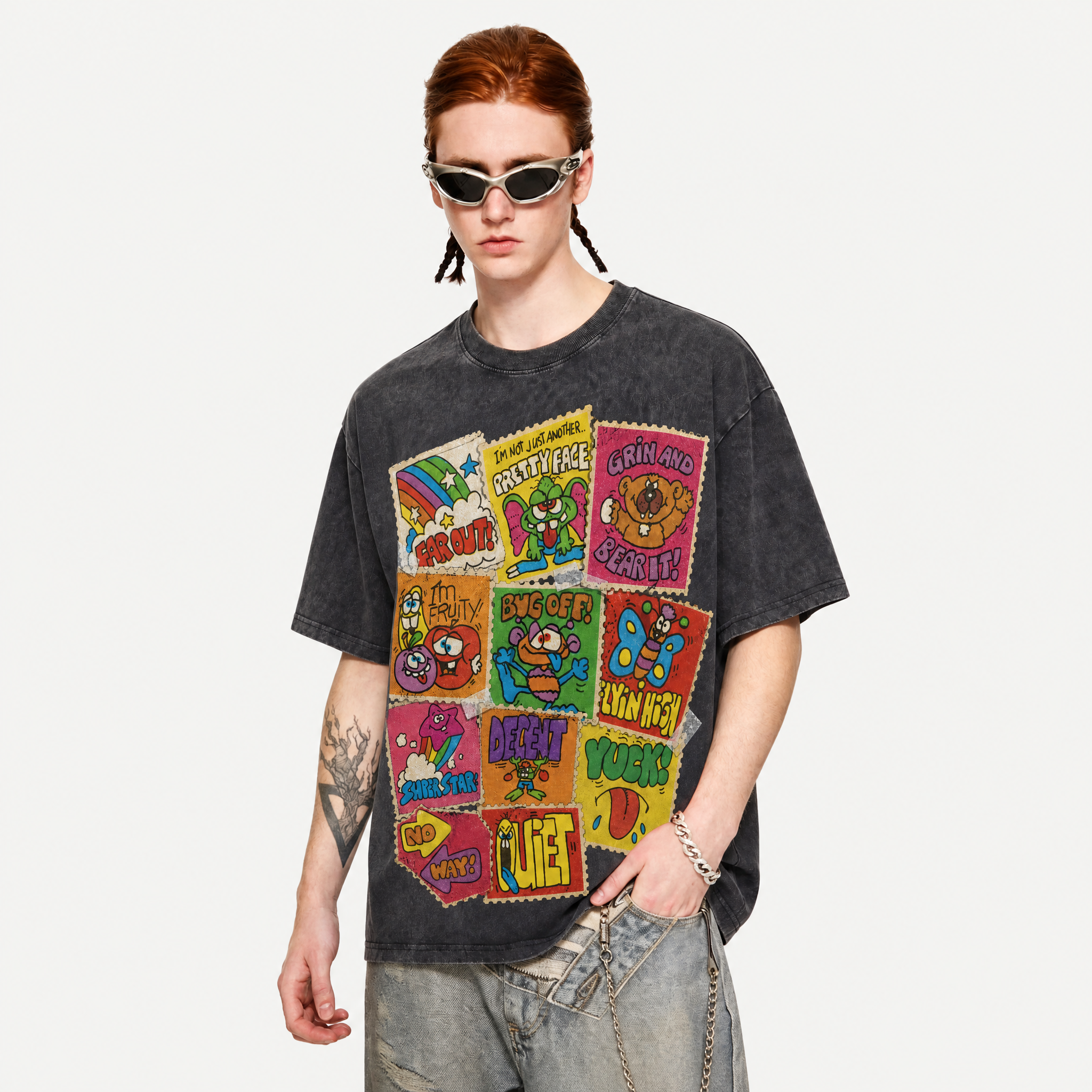 Retro Cartoon Stamp Collage Washed Black Oversized T-Shirt | 70s Groovy Streetwear Tee