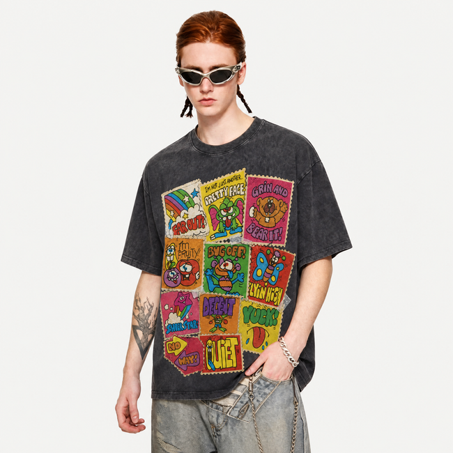 Retro Cartoon Stamp Collage Washed Black Oversized T-Shirt | 70s Groovy Streetwear Tee Main Image