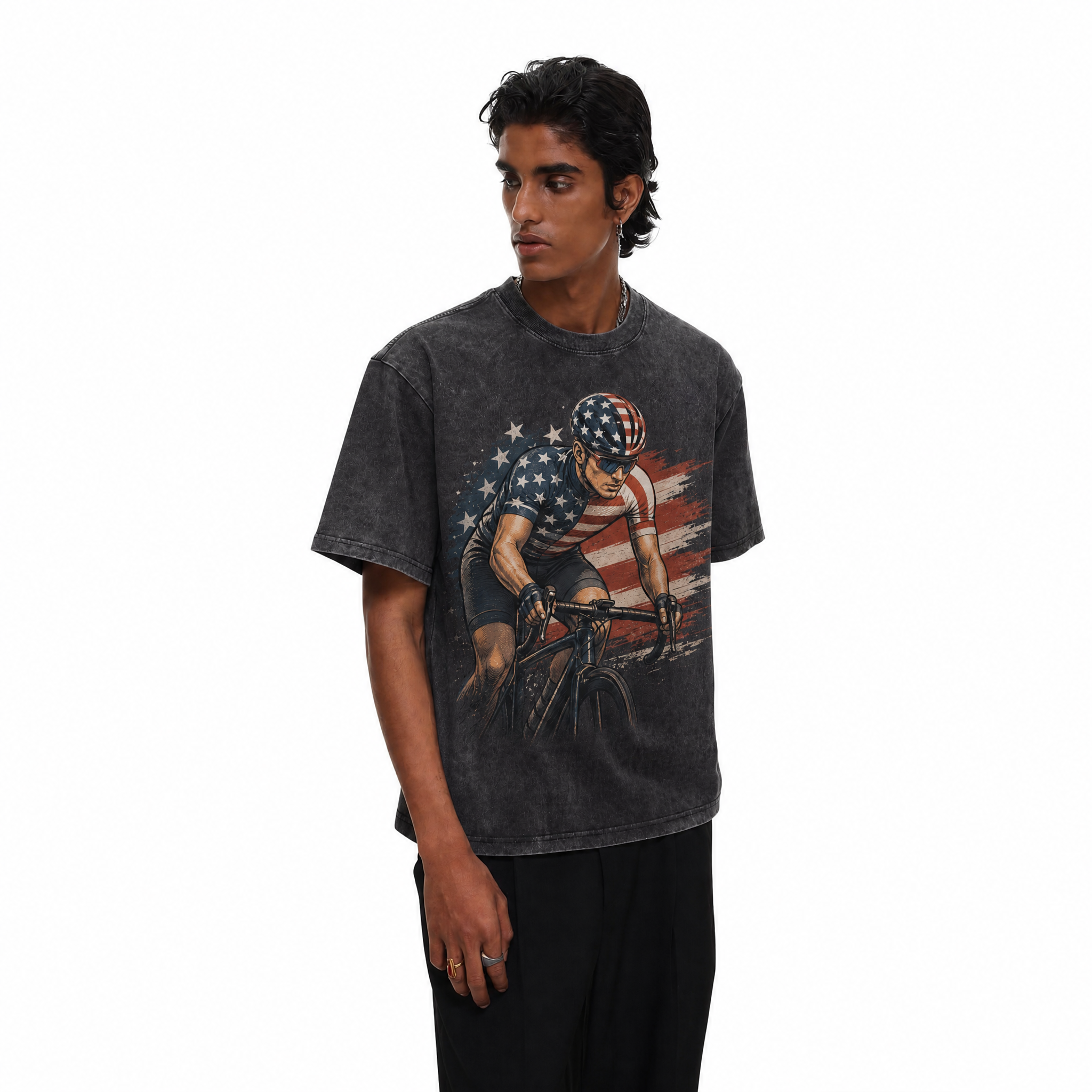 American Flag Road Cyclist Washed Black Oversized T-Shirt | Patriotic USA Biker Graphic Tee