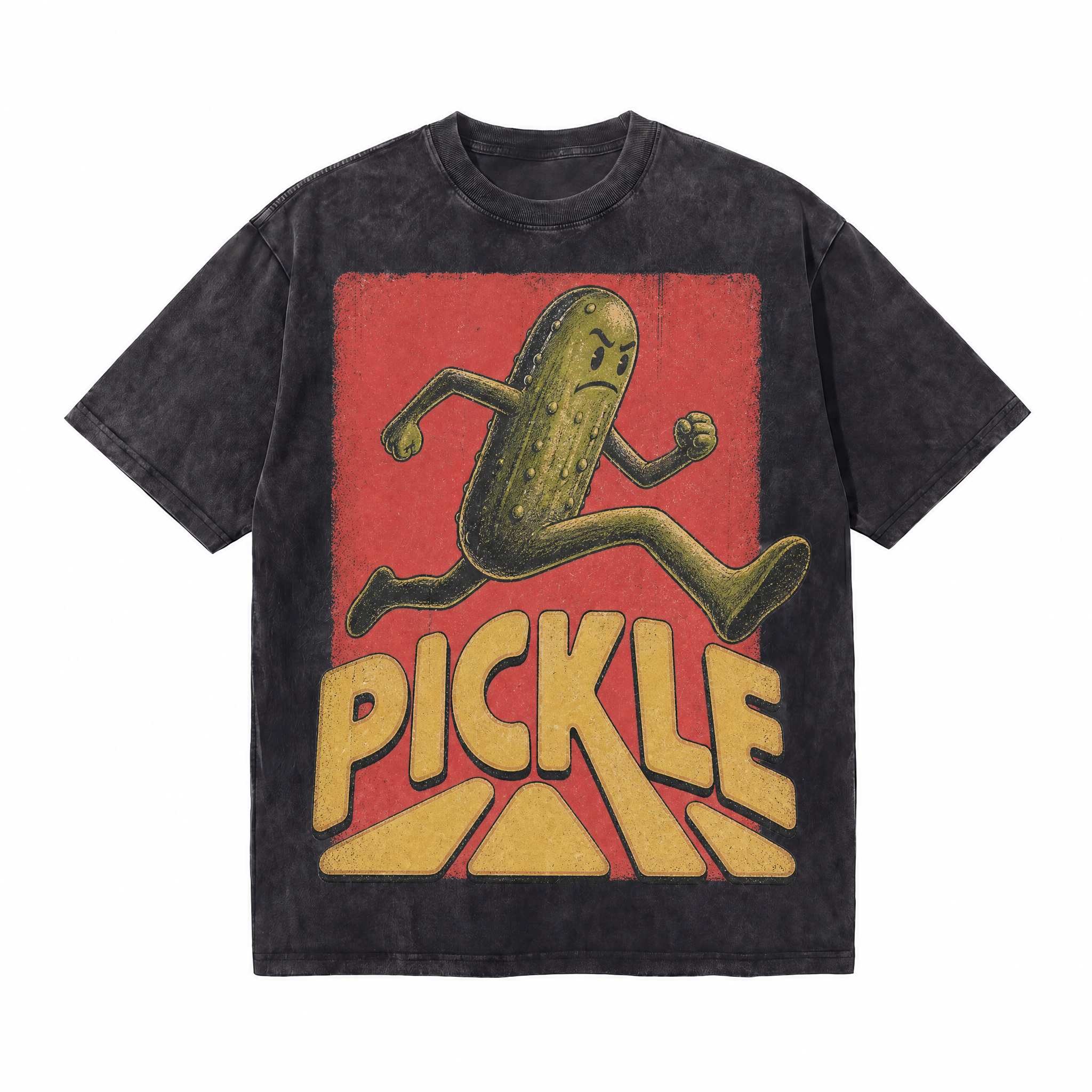 Retro Running Pickle Washed Black Oversized T-Shirt | Funny Pickleball Fan Tee