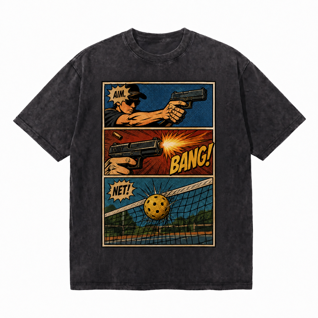 Aim Bang Net Pickleball Comic Washed Black Oversized T-Shirt | Retro Pop Art Tee