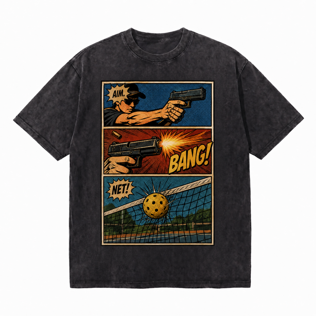 Aim Bang Net Pickleball Comic Washed Black Oversized T-Shirt | Retro Pop Art Tee Hover Image