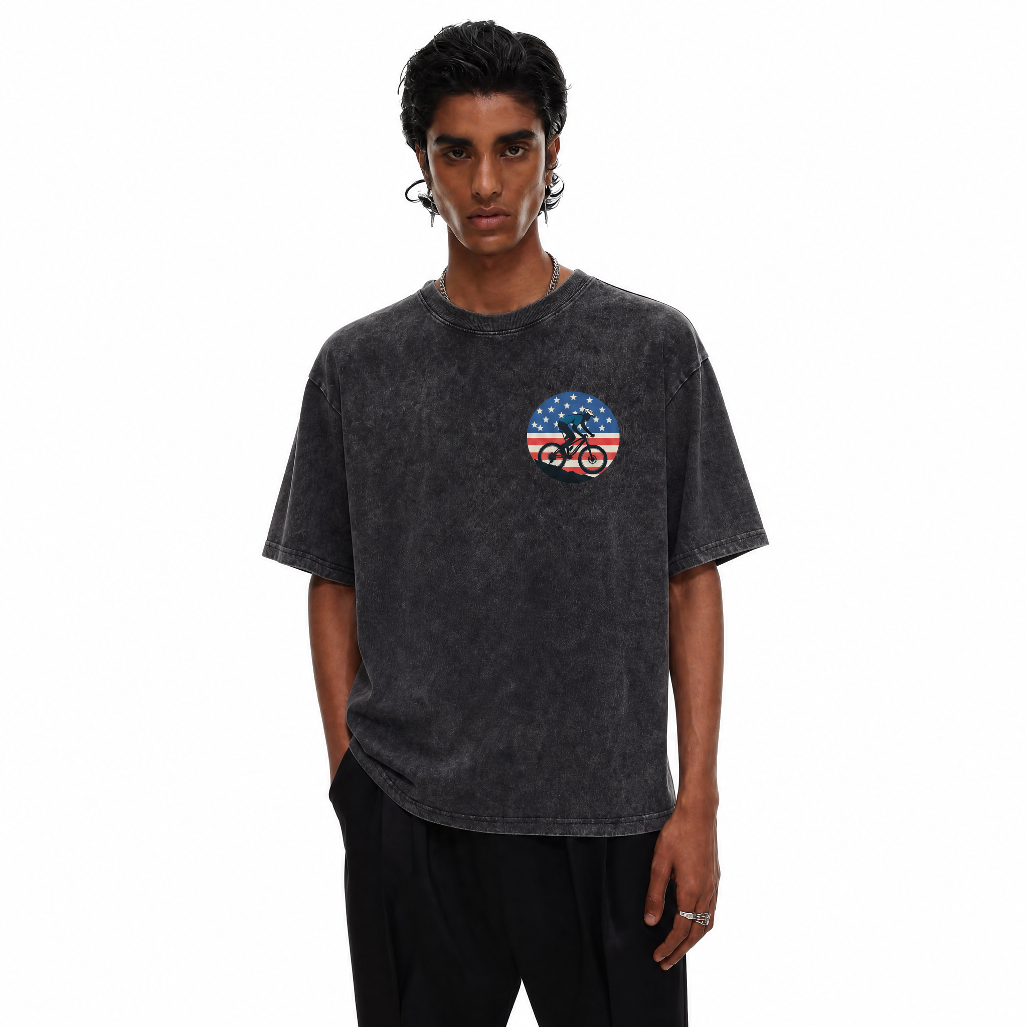 Vintage Acid Wash American Flag Mountain Bike Oversized Graphic T-Shirt