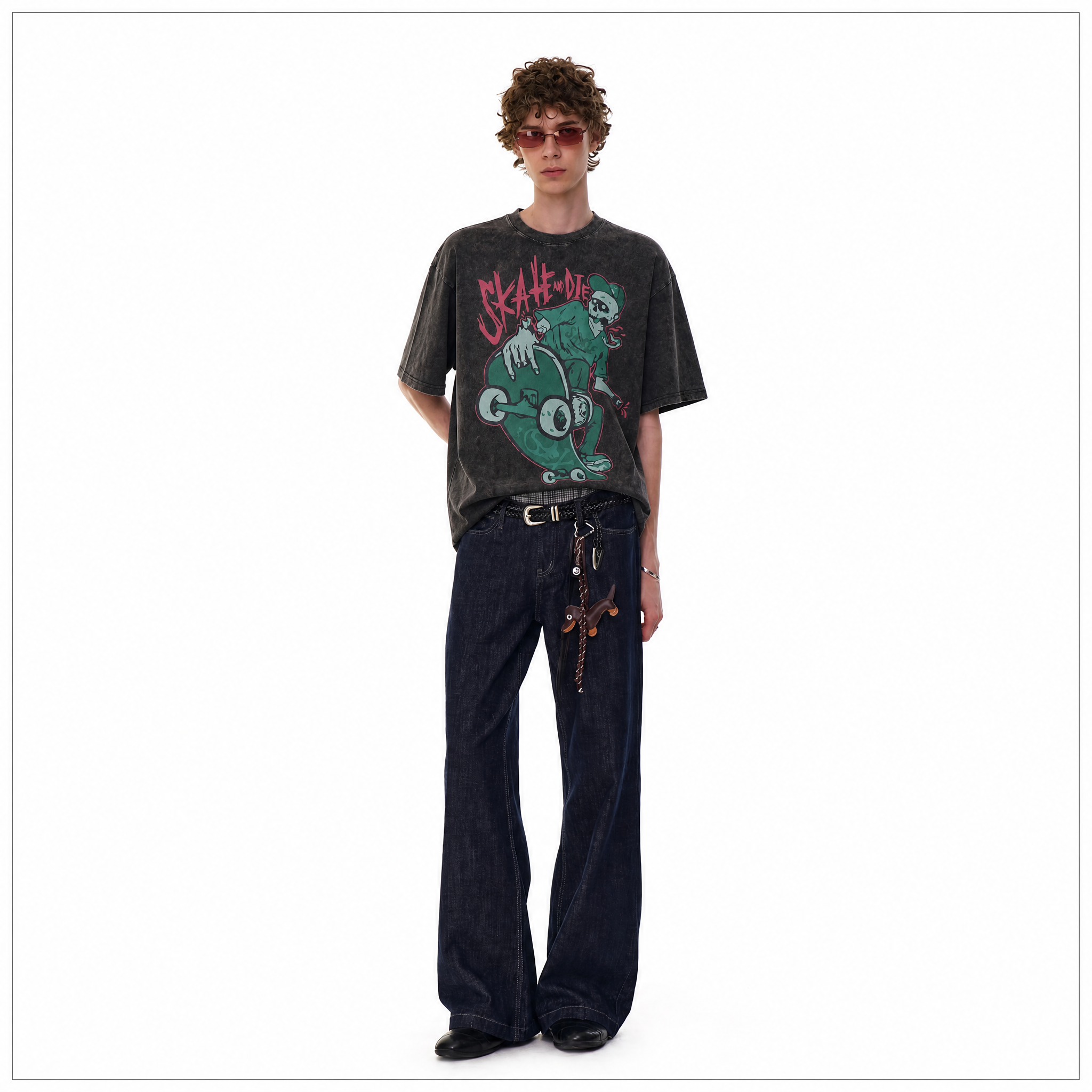 Vintage “Skate and Die” Skeleton Skater Graphic Tee | Punk Grunge Washed Oversized Streetwear T-Shirt