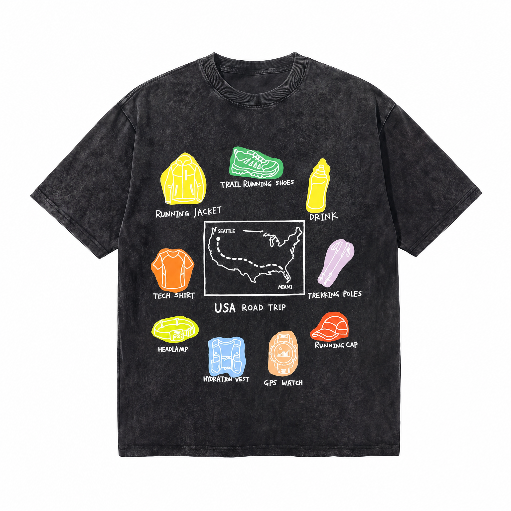 USA Road Trip Hiking Gear Washed Black Oversized T-Shirt | Outdoor Adventure Checklist Tee