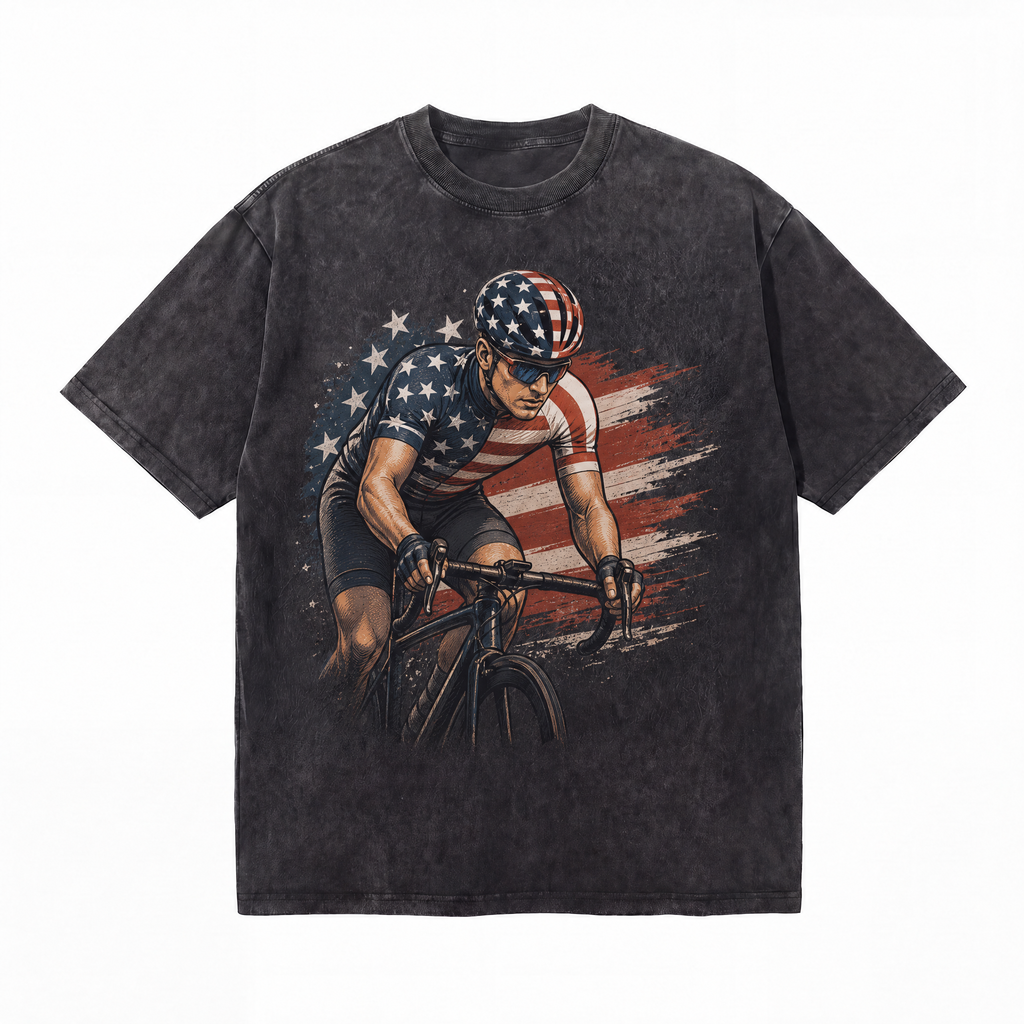 American Flag Road Cyclist Washed Black Oversized T-Shirt | Patriotic USA Biker Graphic Tee