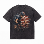 American Flag Road Cyclist Washed Black Oversized T-Shirt | Patriotic USA Biker Graphic Tee