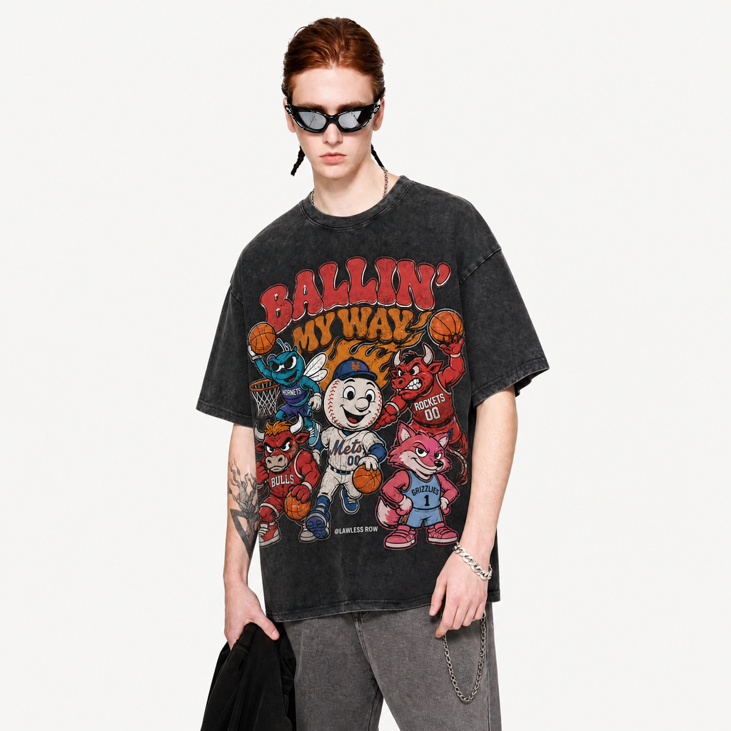 Ballin' My Way Mascot Collage Washed Black Oversized T-Shirt | Retro Sports Streetwear Tee