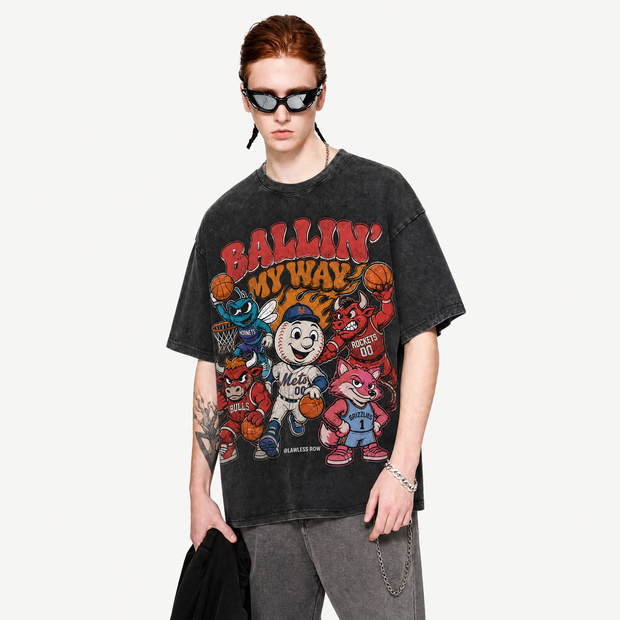 Ballin' My Way Mascot Collage Washed Black Oversized T-Shirt | Retro Sports Streetwear Tee