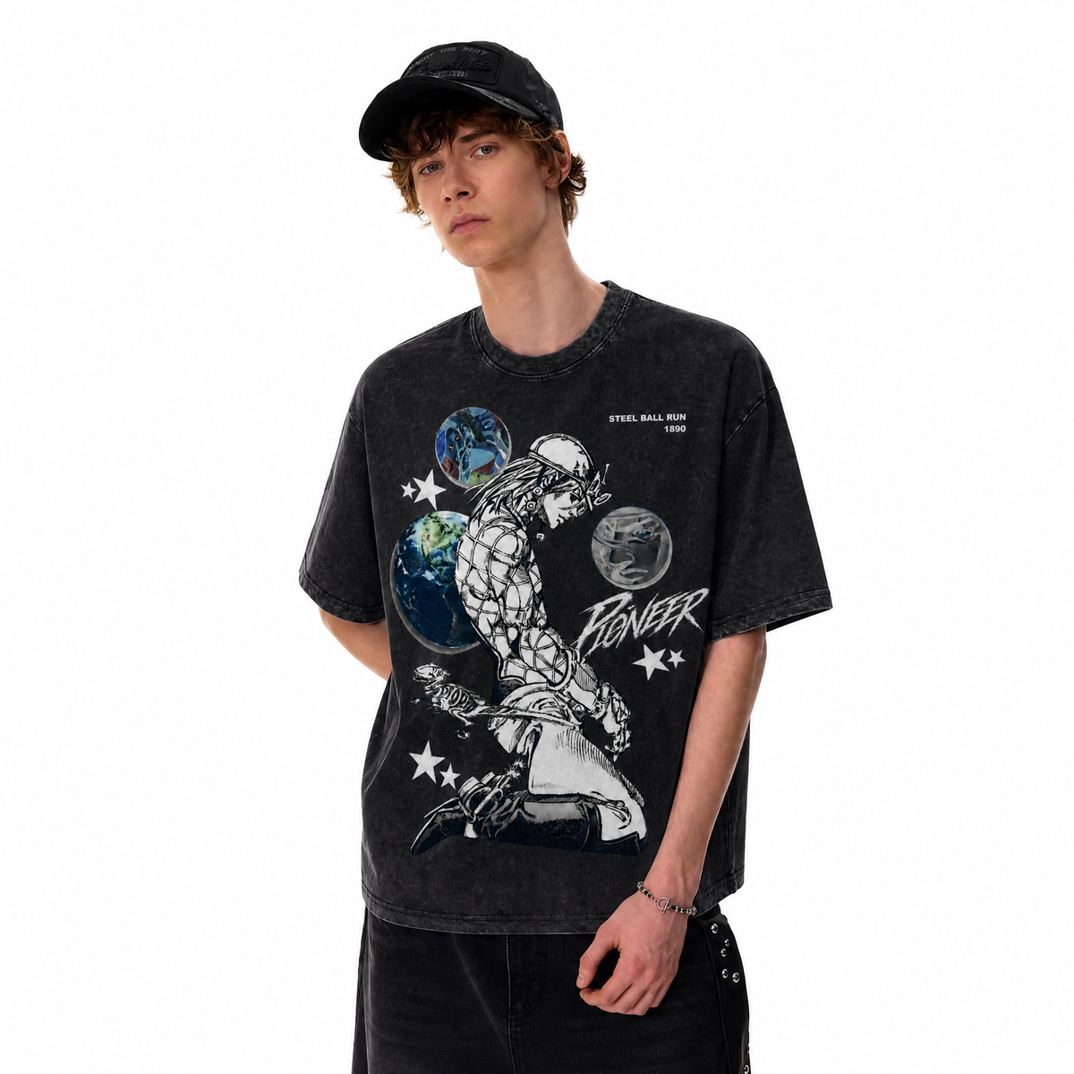 LAWLESSROW Steel Ball Run Johnny Joestar Washed Black Oversized T-Shirt