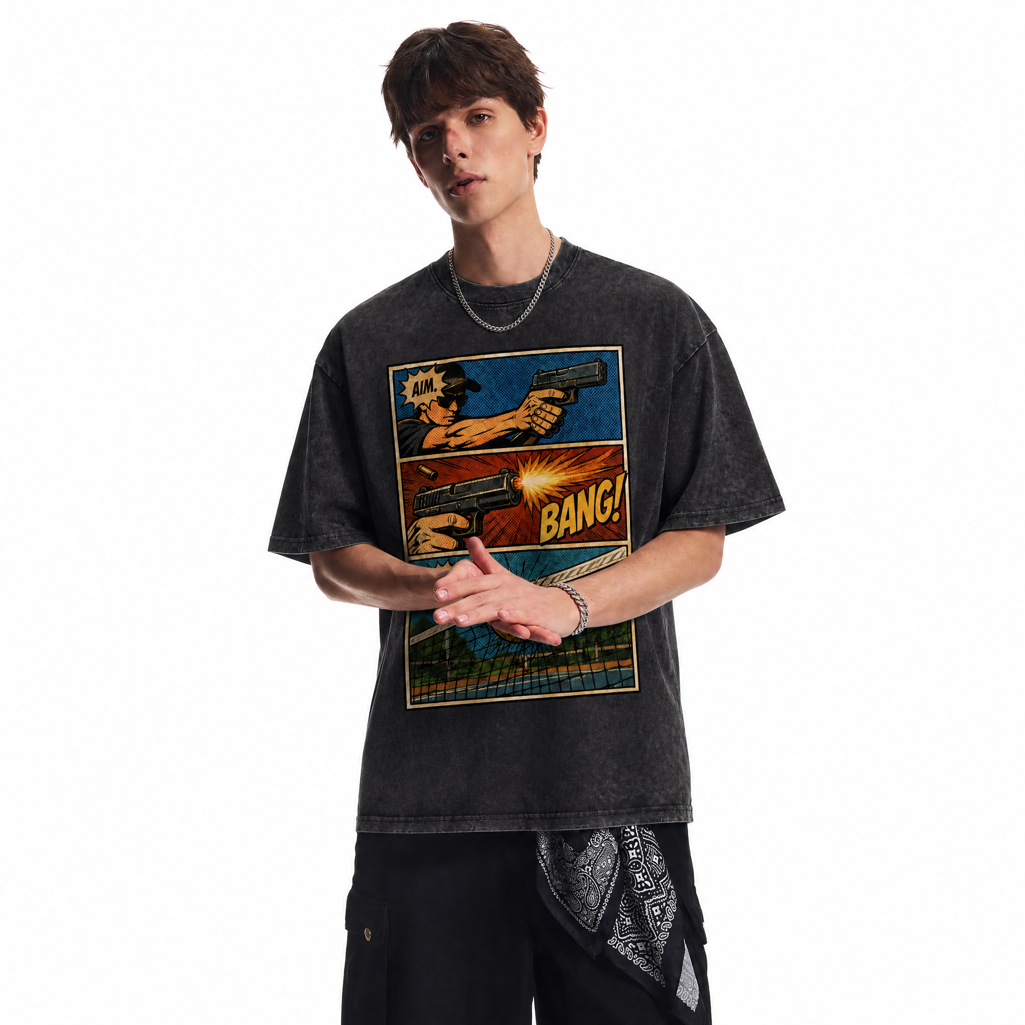 Aim Bang Net Pickleball Comic Washed Black Oversized T-Shirt | Retro Pop Art Tee