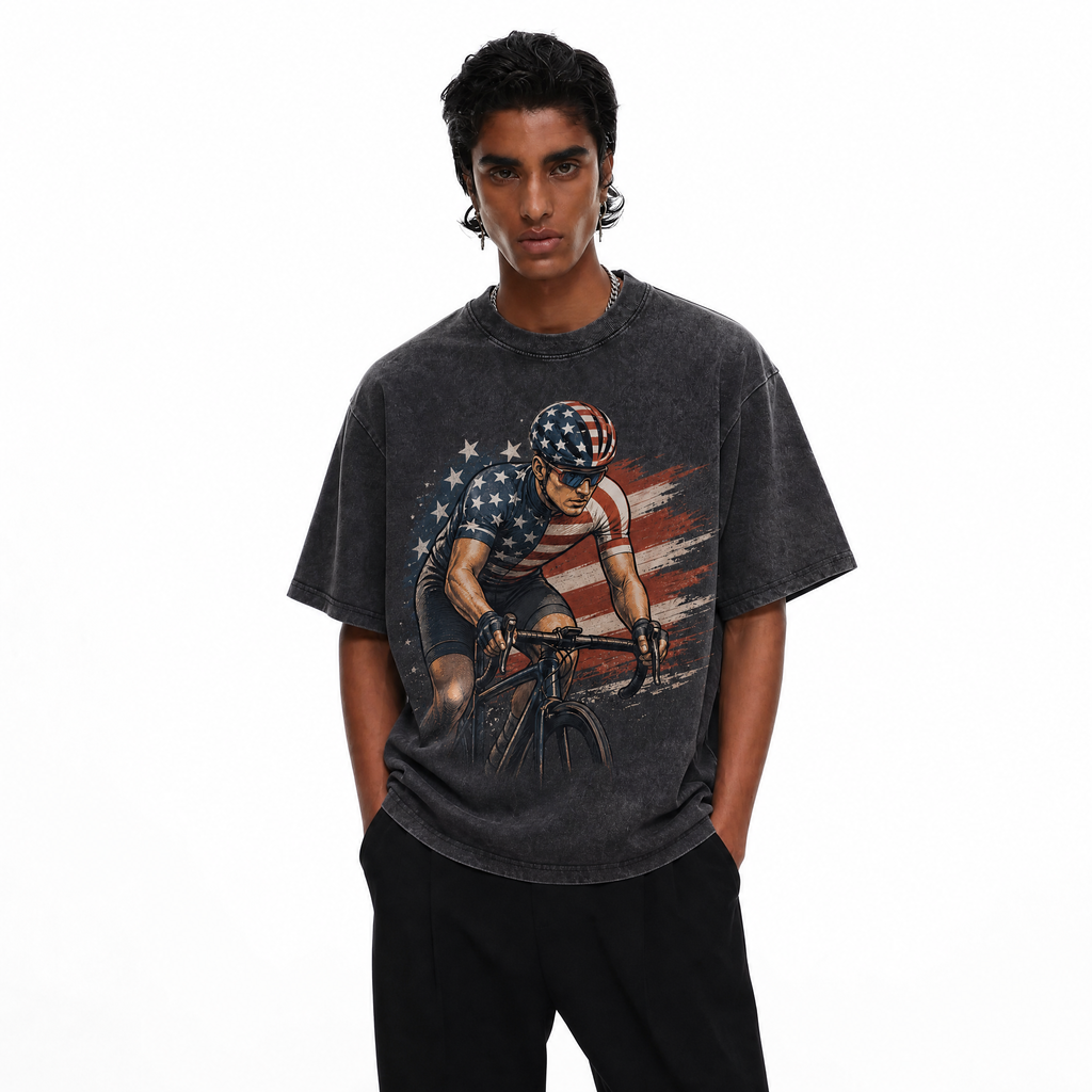 American Flag Road Cyclist Washed Black Oversized T-Shirt | Patriotic USA Biker Graphic Tee
