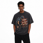 American Flag Road Cyclist Washed Black Oversized T-Shirt | Patriotic USA Biker Graphic Tee