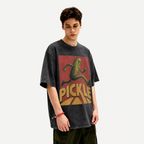 Retro Running Pickle Washed Black Oversized T-Shirt | Funny Pickleball Fan Tee