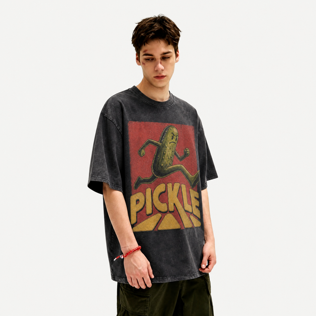 Retro Running Pickle Washed Black Oversized T-Shirt | Funny Pickleball Fan Tee Main Image