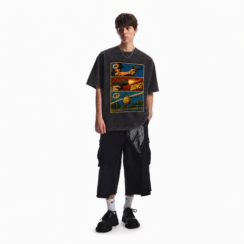 Aim Bang Net Pickleball Comic Washed Black Oversized T-Shirt | Retro Pop Art Tee