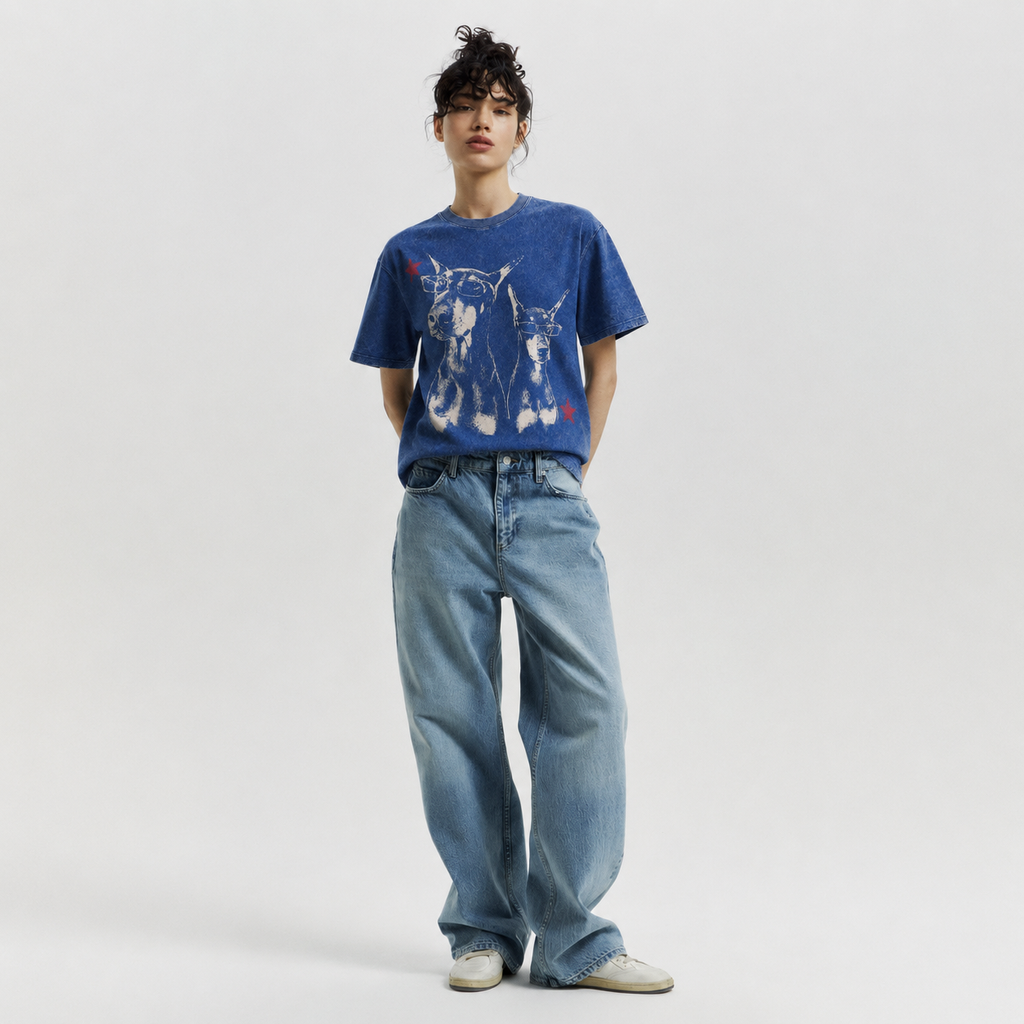 LAWLESSROW Cool Dobermans Star Vintage Acid Wash Tee