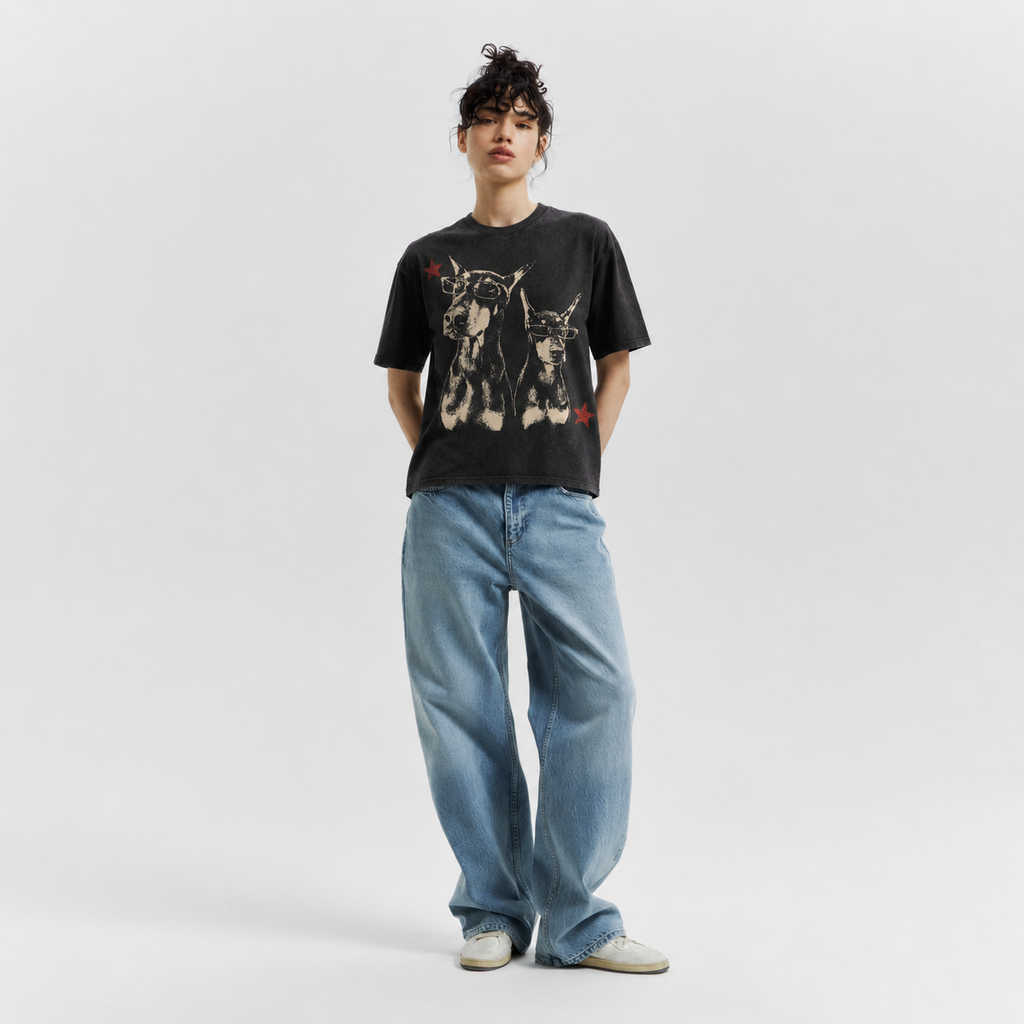 LAWLESSROW Cool Dobermans Star Vintage Acid Wash Tee