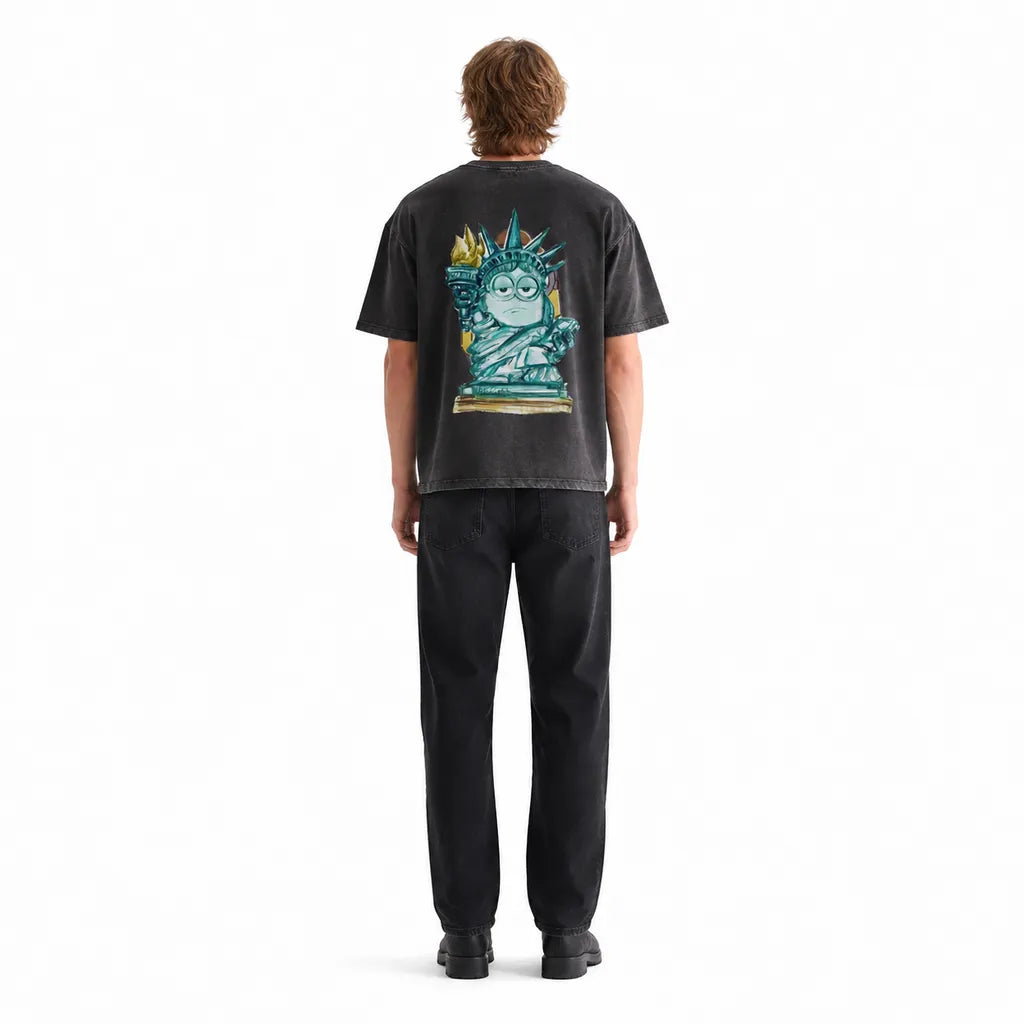 LAWLESSROW Statue of Liberty Minion Torch Vintage Acid Wash Tee
