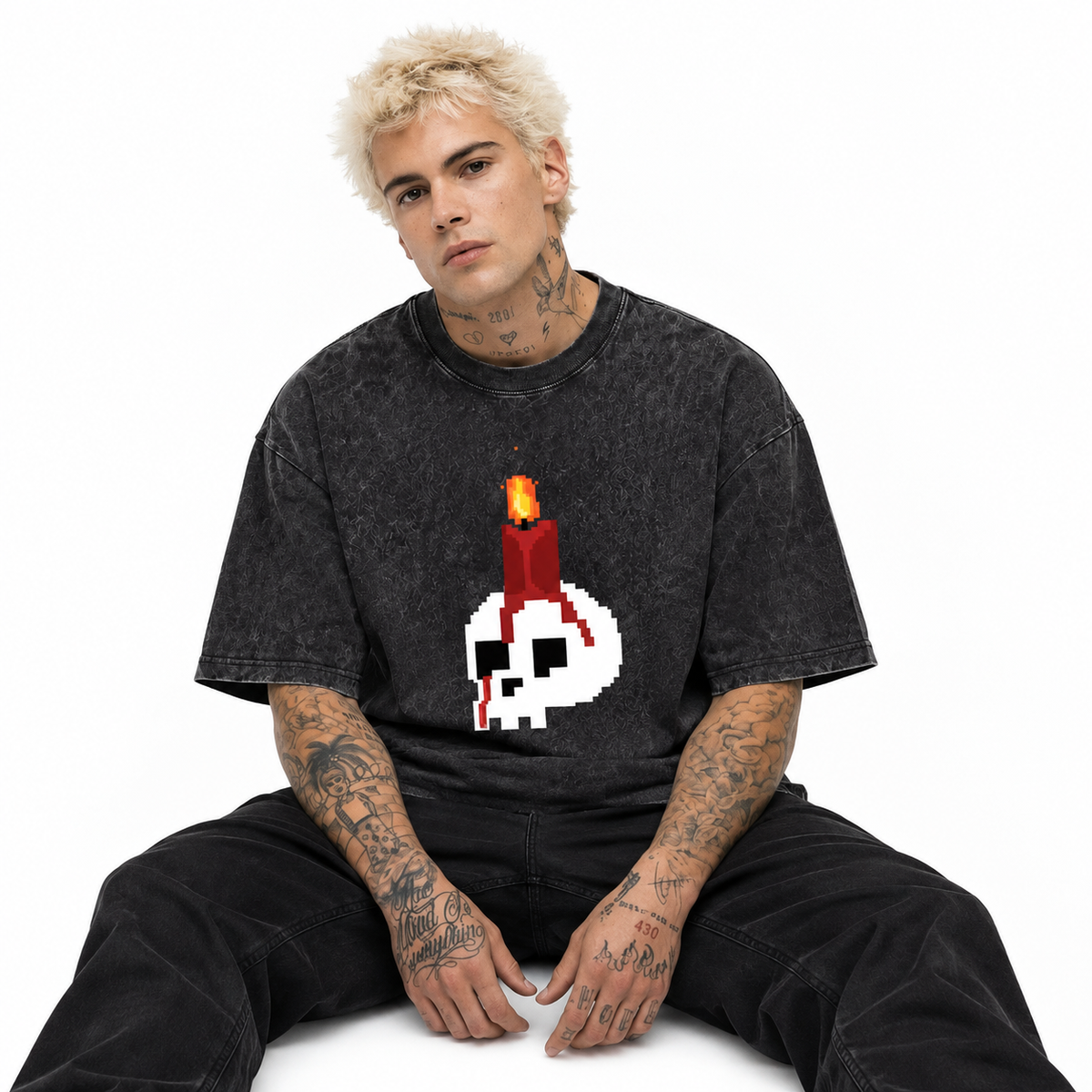 LAWLESSROW Pixel Candle Skull Vintage Acid Wash Tee