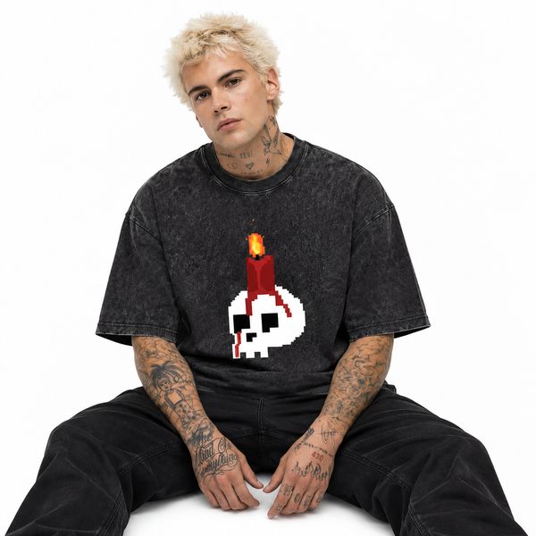LAWLESSROW Pixel Candle Skull Vintage Acid Wash Tee - hover
